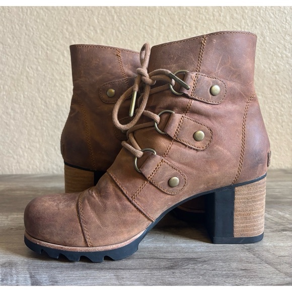 Sorel Addington Lace-Up Leather Boots Chunky Heels - Picture 1 of 12